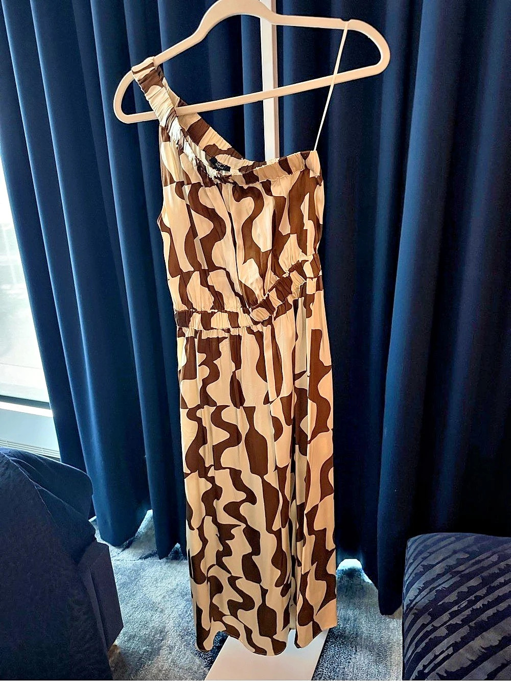 Rails Selani Dress Abstract One-Shoulder Maxi Dress Brown & Cream Small